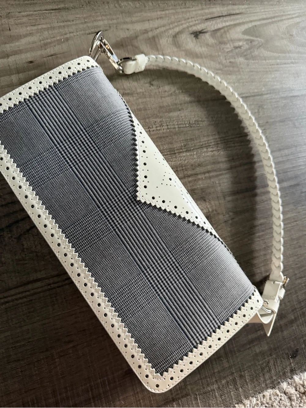 White and Gray Textured Clutch with Decorative Buckle
